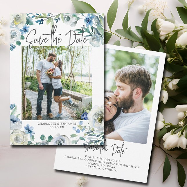 Reserva La Fecha Elegante Blue White Floral Engagement Photo Spring (Subido por el creador)