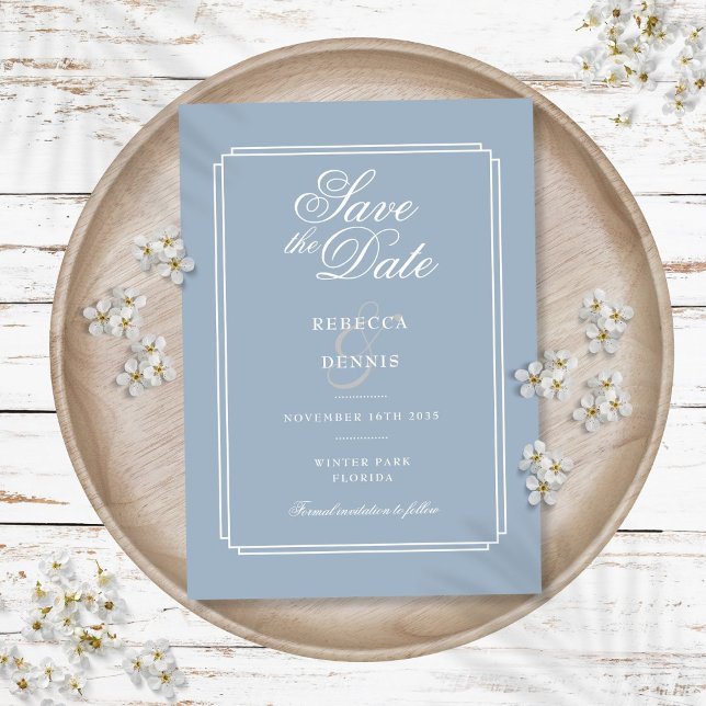 Reserva La Fecha Elegante boda art déco con polvo azul Script (Elegant Script Dusty Blue Art Deco Wedding Save The Date)