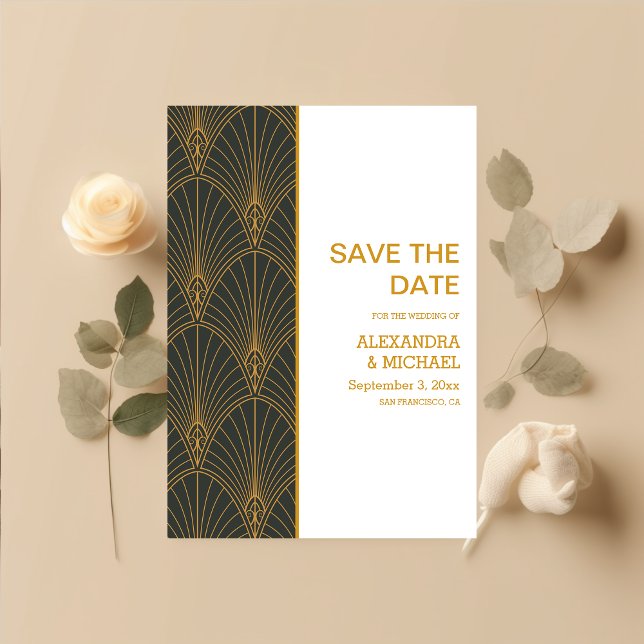 Reserva La Fecha Elegante Boda Art Deco Gold Green (Subido por el creador)