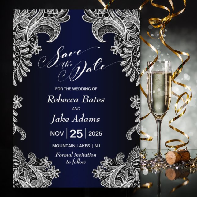 Reserva La Fecha Elegante Boda azul de encaje blanco (Subido por el creador)