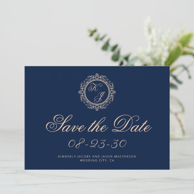 Reserva La Fecha Elegante Boda azul de la marina de oro de lujo (Anverso de pie)