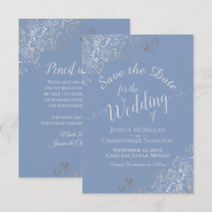 Reserva La Fecha Elegante Boda azul del perwinkle de encaje gris pl