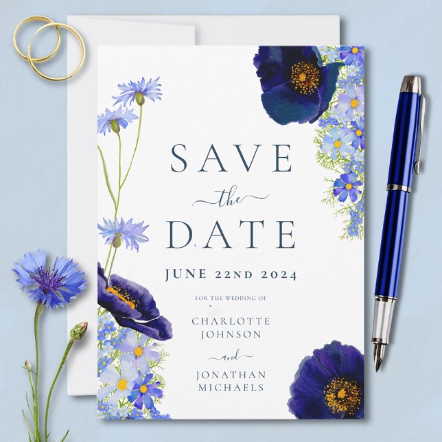 Reserva La Fecha Elegante Boda azul floral de verano (Elegant blue floral wedding save the date invitation with stylish typography )