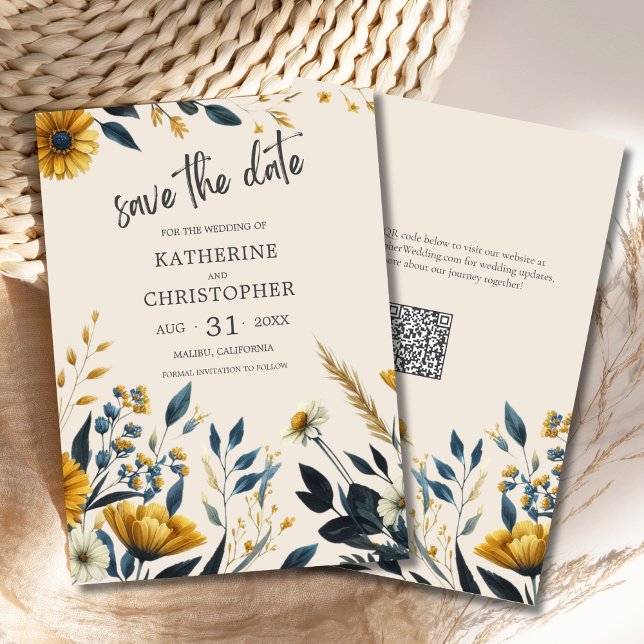 Reserva La Fecha Elegante Boda beige de flor silvestre (Watercolor Wildflowers Elegant Beige Save the Date Card with Blue & Yellow Wildflowers, QR Code.)