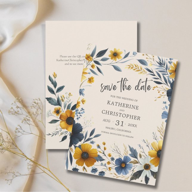 Reserva La Fecha Elegante Boda Beige de Flores Silvestres (Watercolor Wildflowers Beige Wedding Save the Date with Blue and Yellow wildflowers, QR Code.)