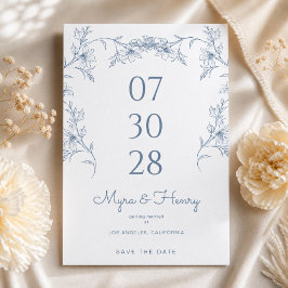 Reserva La Fecha Elegante Boda Botánica Floral Azul Polvoriento