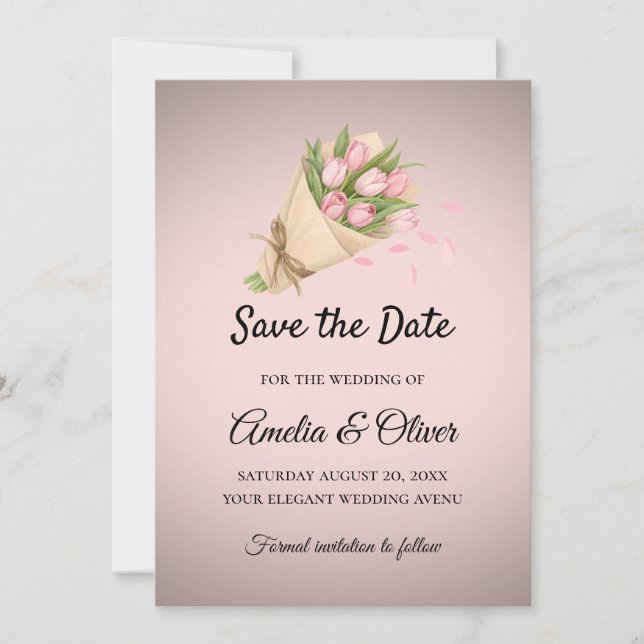 Reserva La Fecha Elegante Boda Bouquet de Tulipanes Rosados (Anverso)