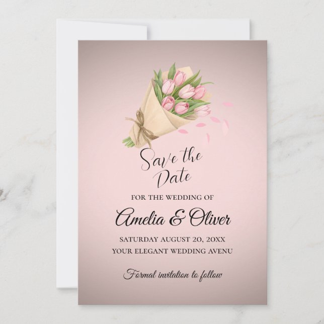 Reserva La Fecha Elegante Boda Bouquet de Tulipanes Rosados (Anverso)