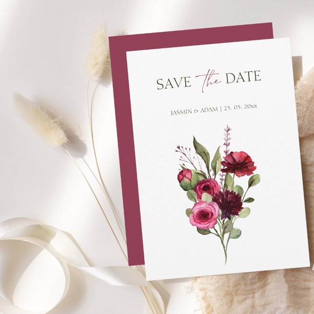Reserva La Fecha Elegante Boda Burgundy Floral Bouquet (Elegant Burgundy Floral Bouquet Wedding Save The Date)