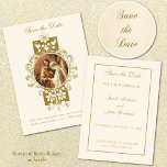Reserva La Fecha Elegante Boda católico vintage salva la fecha<br><div class="desc">Con una hermosa postal tradicional de la época católica "Salva la Fecha" con la imagen de la Santísima Madre y San José sobre un marco dorado floral. En el frente se incluye una cita de las escrituras. Se puede modificar el texto y el diseño. También ofrecemos invitaciones de boda coordinadas,...</div>
