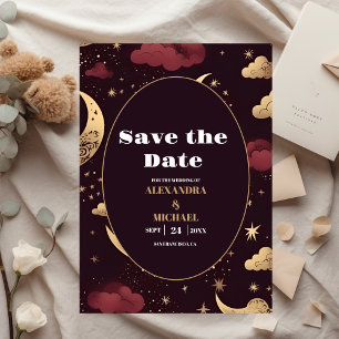 Reserva La Fecha Elegante Boda Celestial Burgundy Dorado
