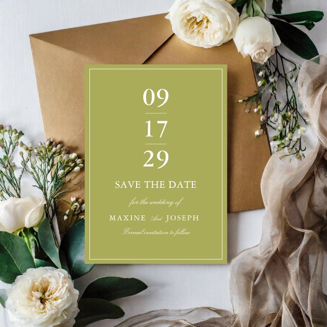Reserva La Fecha Elegante Boda con Letra Script en Verde Oliva (Elegant olive green save the dates build anticipation with graceful and timeless appeal.)