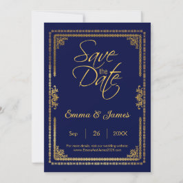 Reserva La Fecha Elegante Boda con Marco Azul Marino y Dorado