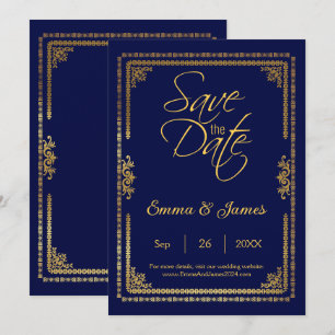 Reserva La Fecha Elegante Boda con Marco Azul Marino y Dorado