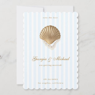 Reserva La Fecha Elegante Boda Costera con Concha de Oro y Azul