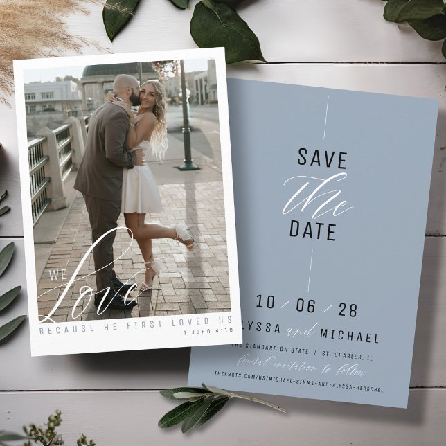 Reserva La Fecha Elegante Boda cristiano Dusty Blue Simple Photo (Elegant simple dusty blue photo religious modern script Christian wedding invitation save the date)