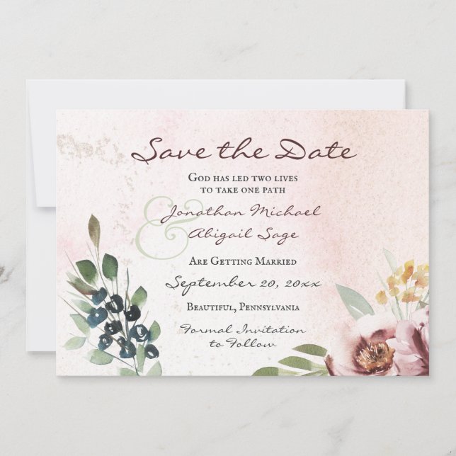 Reserva La Fecha Elegante Boda cristiano mauve Rubor floral rosa (Anverso)