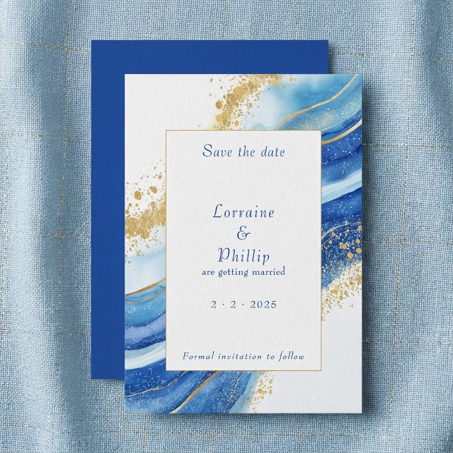 Reserva La Fecha Elegante Boda de acuarela azul y oro (Elegant Blue and Gold Watercolor Wedding Save The Date.)