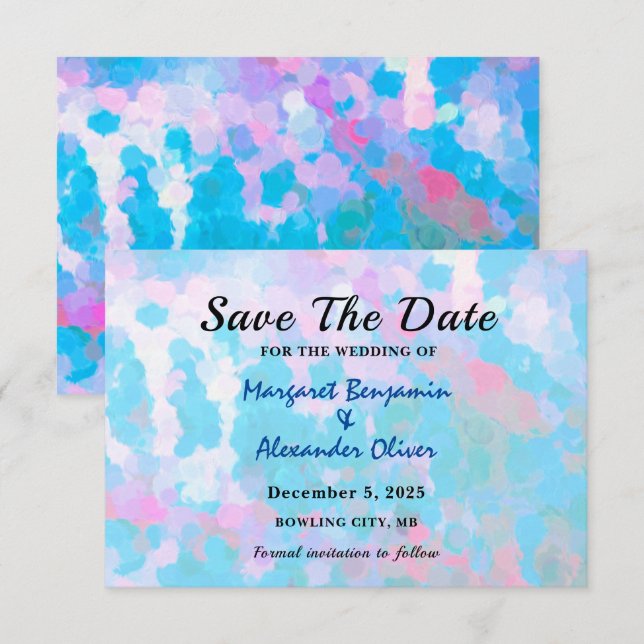 Reserva La Fecha Elegante Boda de Acuarela de Círculos Rosados Azul (Anverso / Reverso)