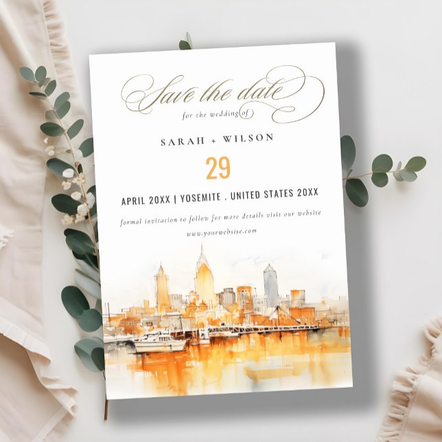 Reserva La Fecha Elegante Boda de acuarela en Nashville City Skylin (Subido por el creador)