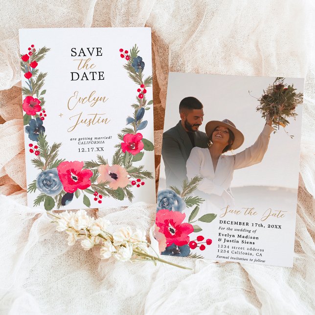 Reserva La Fecha Elegante boda de acuarela floral de invierno rústi (Rustic Elegant Winter Floral Watercolor wedding Save The Date)