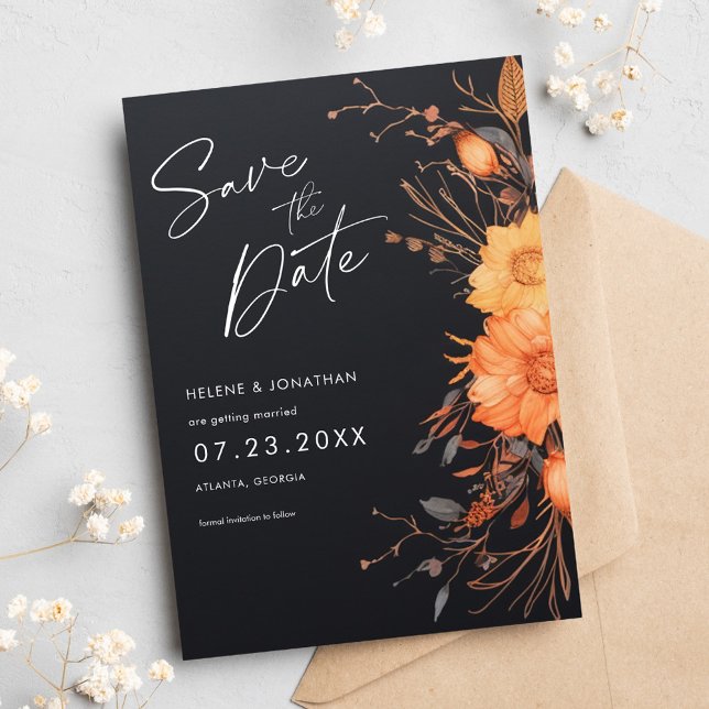 Reserva La Fecha Elegante Boda de acuarela floral de otoño negro (Elegant Black Fall Floral Watercolor Wedding Save The Date)