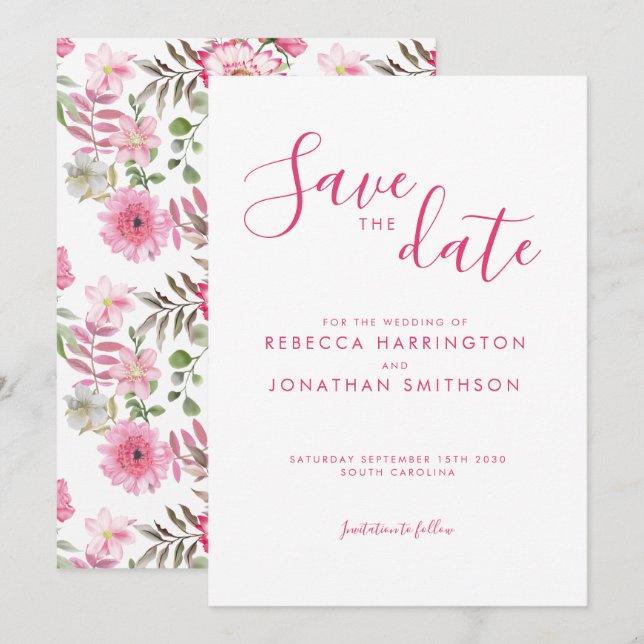 Reserva La Fecha Elegante Boda de acuarela floral rosa (Anverso / Reverso)