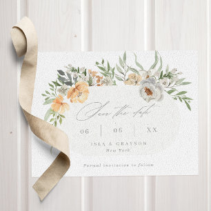 Reserva La Fecha Elegante Boda de armazón floral de terracota y gri