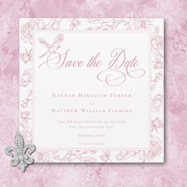 Reserva La Fecha Elegante Boda de Aves y Escudos Chino (Elegant Pink Chinoiserie Bird & Crest Wedding Save The Date)