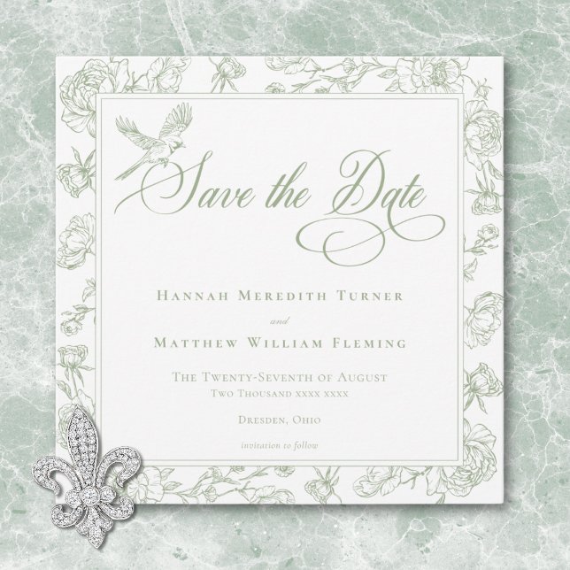 Reserva La Fecha Elegante Boda de Aves y Escudos de Chinoiserie ver (Elegant Green Chinoiserie Bird & Crest Wedding Save The Date)