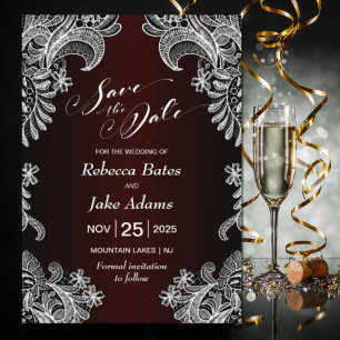 Reserva La Fecha Elegante Boda de Borgoña de encaje blanco