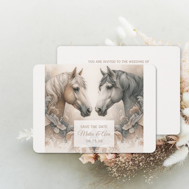 Reserva La Fecha Elegante Boda De Caballos Pastel Guardar La Tarjet (Elegant Pastel Horses Wedding Save The Date Card (front and back))