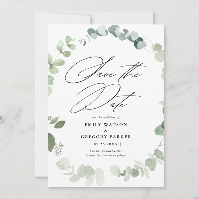 Reserva La Fecha Elegante Boda de caligrafía eucalipto (Anverso)