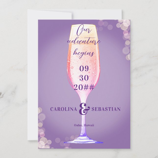 Reserva La Fecha Elegante Boda de Champagne Burbujeante Lavanda Púr (Anverso)