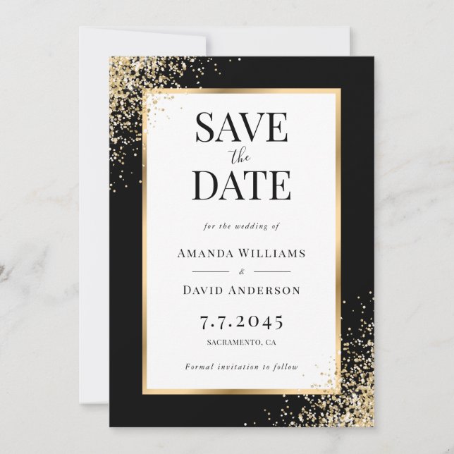 Reserva La Fecha Elegante Boda de confetti de marco dorado negro (Anverso)