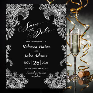 Reserva La Fecha Elegante Boda de encaje blanco y negro