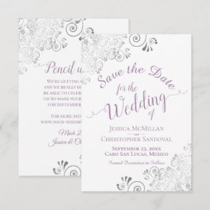 Reserva La Fecha Elegante Boda de Encaje de Plata Lavanda y Blanco