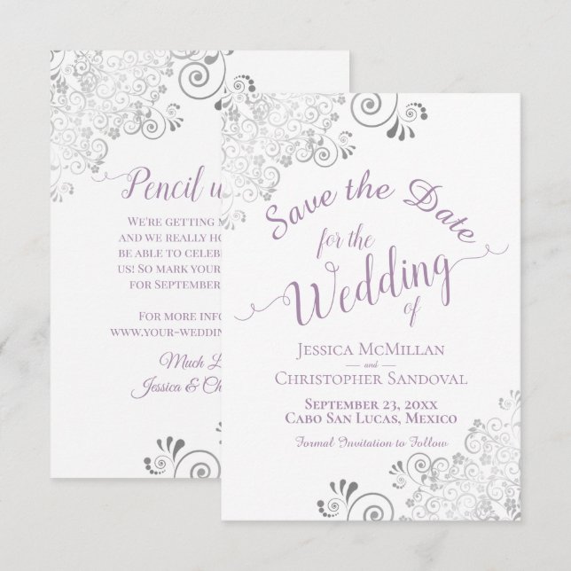 Reserva La Fecha Elegante Boda de Encaje de Plata Lavanda y Blanco (Anverso / Reverso)