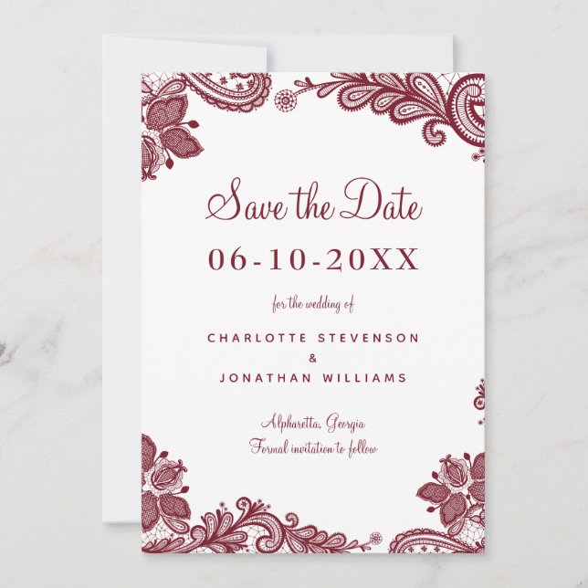 Reserva La Fecha Elegante Boda de encaje foto rojo blanco (Anverso)