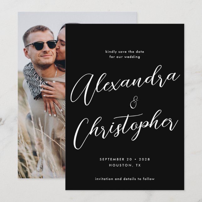 Reserva La Fecha Elegante Boda de escritura de caligrafía negra (Anverso / Reverso)