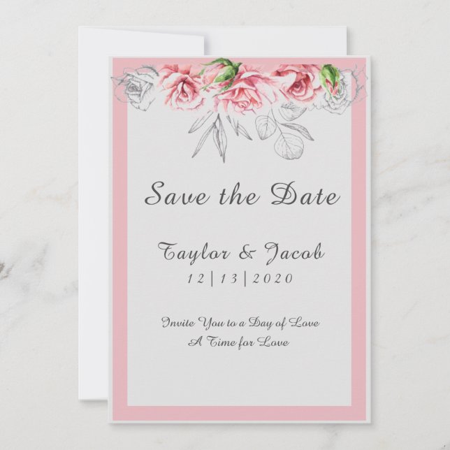 Reserva La Fecha Elegante Boda de escritura floral gris rosa (Anverso)
