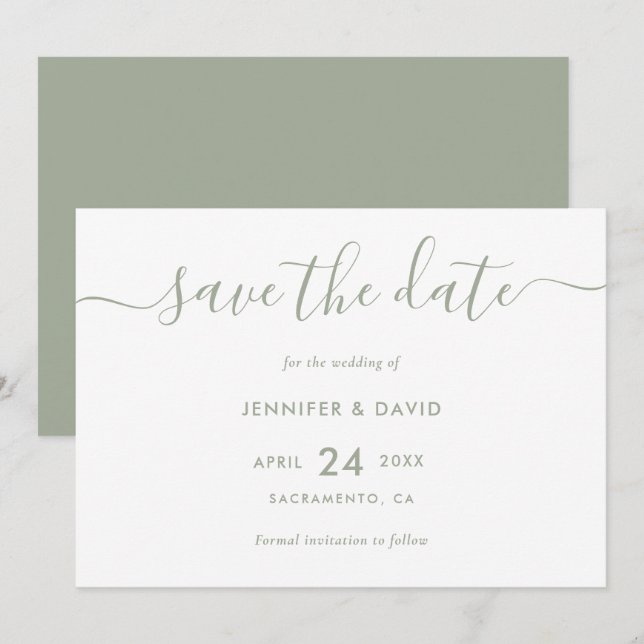 Reserva La Fecha Elegante Boda de estilo moderno Sage Green (Anverso / Reverso)