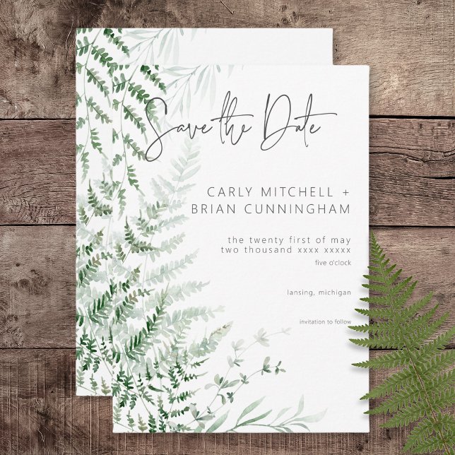 Reserva La Fecha Elegante Boda de Ferns de Verdor Delicado (Elegant Delicate Greenery Ferns Wedding Save the Date Card)