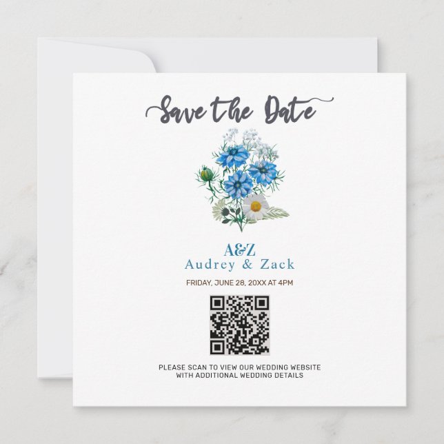 Reserva La Fecha Elegante BODA de flores de Nigella azul QR SCAN CA (Anverso)