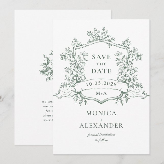 Reserva La Fecha Elegante Boda de Flores del Jardín Francés Sage Gr (Anverso / Reverso)