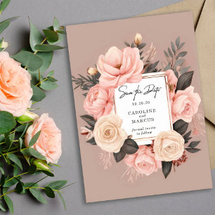 Reserva La Fecha Elegante Boda de flores grisáceas de crema rosa y
