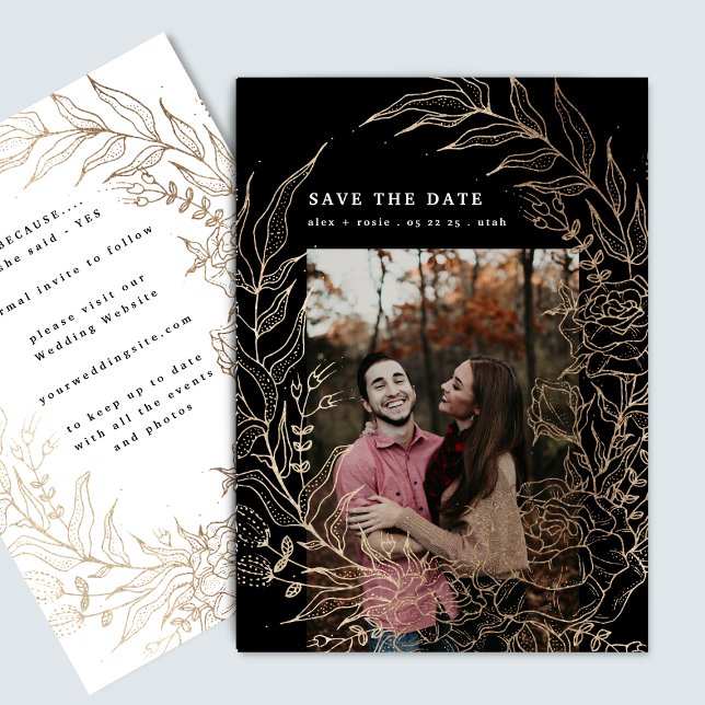 Reserva La Fecha Elegante Boda de flores románticas Wreath Gold (Subido por el creador)