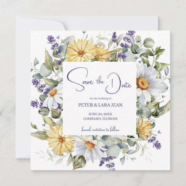 Reserva La Fecha Elegante Boda de flores silvestres moradas amarill (Anverso)