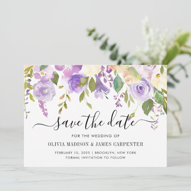 Reserva La Fecha Elegante Boda de flores violeta violeta violeta y  (Anverso de pie)