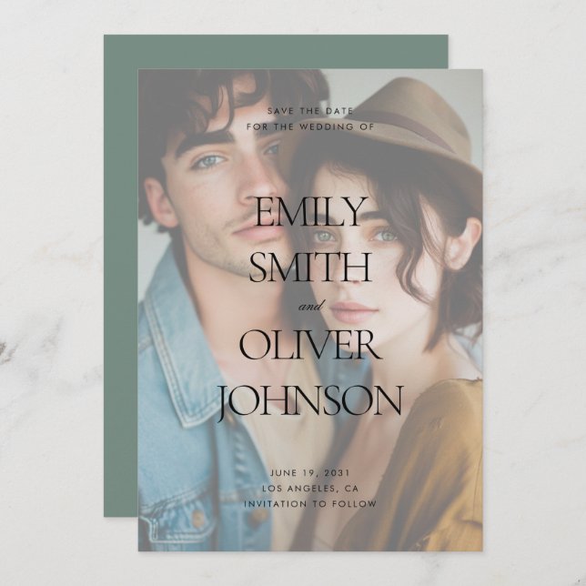 Reserva La Fecha Elegante Boda de foto completa con sabio limpio mo (Anverso / Reverso)